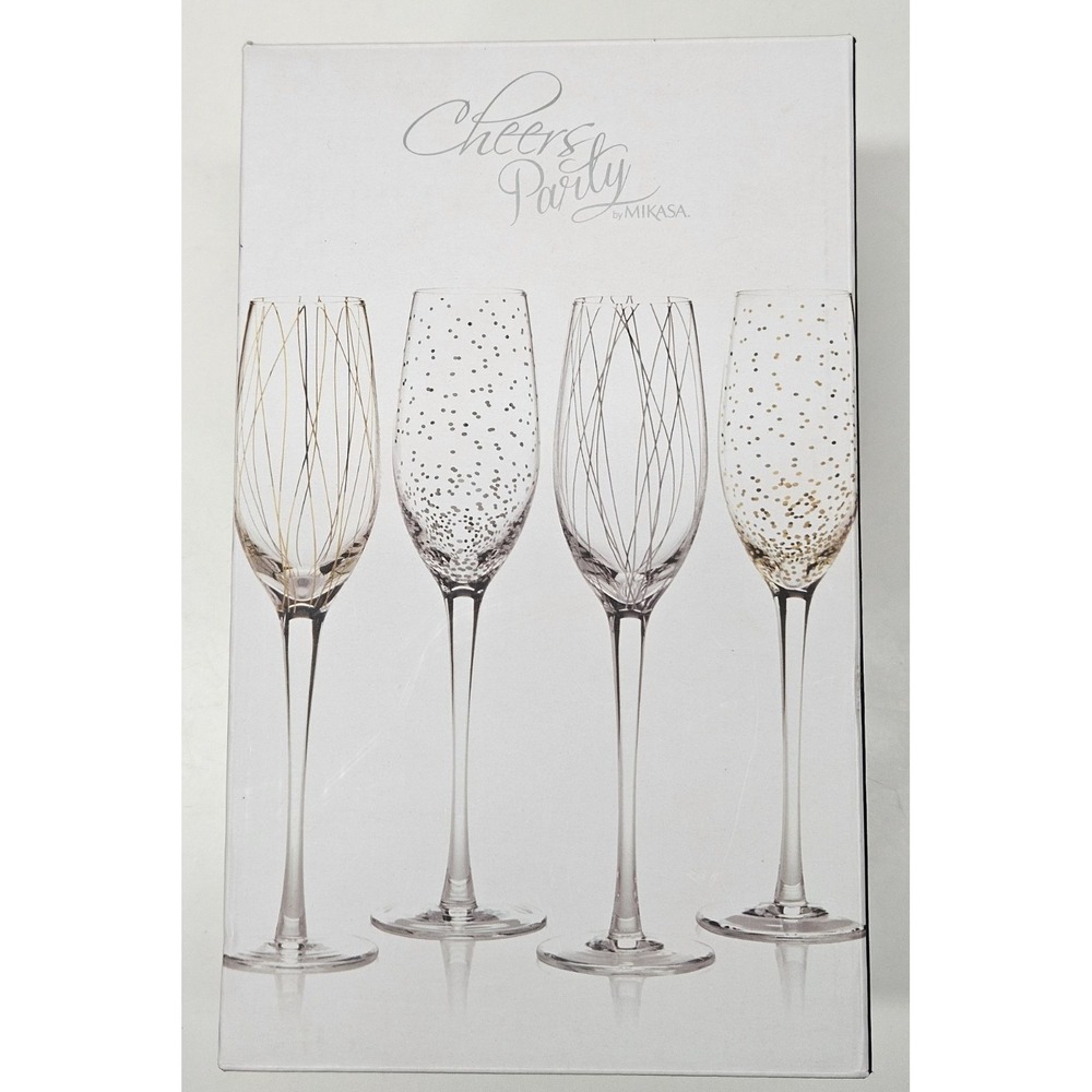 Mikasa Cheers Party Champagne Flutes Set of 4 Gold Silver Designs 7.4 oz